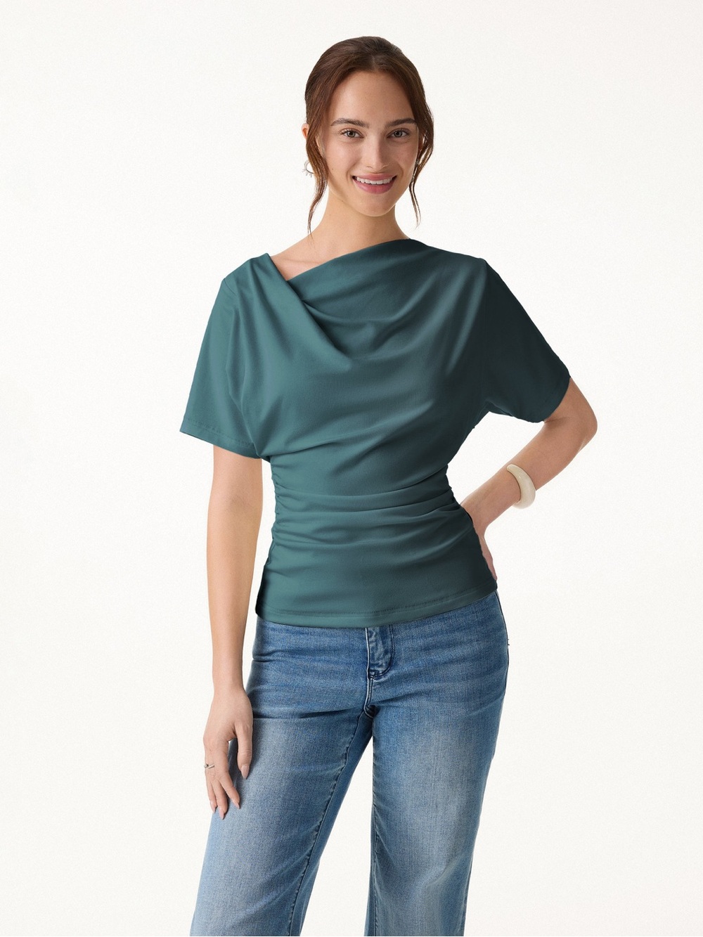 OGL | Teal Asymmetrical Cowl Neck Ruched Top Sz XL - Picture 2 of 11
